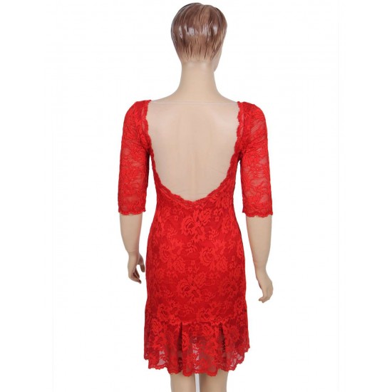 Red Short Sleeve Round Neck Lace Bodycon Dress