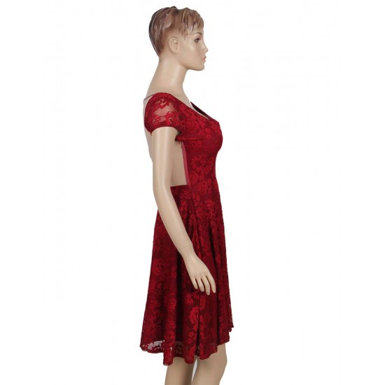 Plus Size Lace Elegant Round Neck Red Bodycon Dress