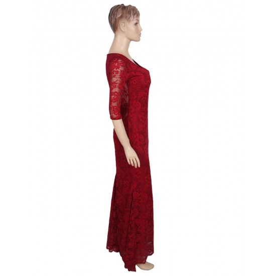 Backless Half Sleeve Red Long Dress