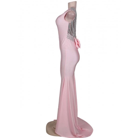 Plus Size Pink Open Back Golden Strap Ruffle Evening Dress