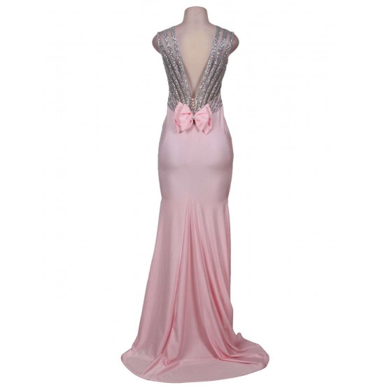 Plus Size Pink Open Back Golden Strap Ruffle Evening Dress