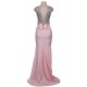 Plus Size Pink Open Back Golden Strap Ruffle Evening Dress