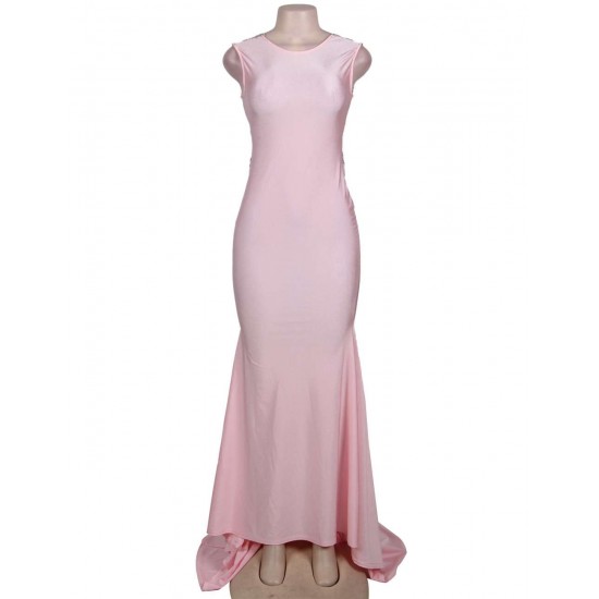 Pink Open Back Golden Strap Ruffle Evening Dress