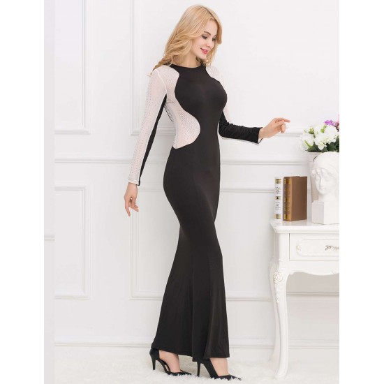 Floor Length Black Long Sleeve Silver Stud Evening Dress 