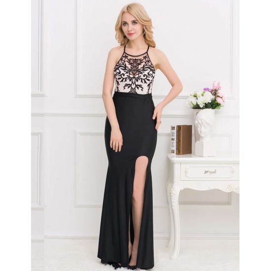 Black Embroidery Halter Evening Gown