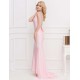 Plus Size Pink Open Back Golden Strap Ruffle Evening Dress