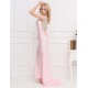 Pink Open Back Golden Strap Ruffle Evening Dress