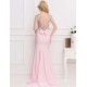 Plus Size Pink Open Back Golden Strap Ruffle Evening Dress