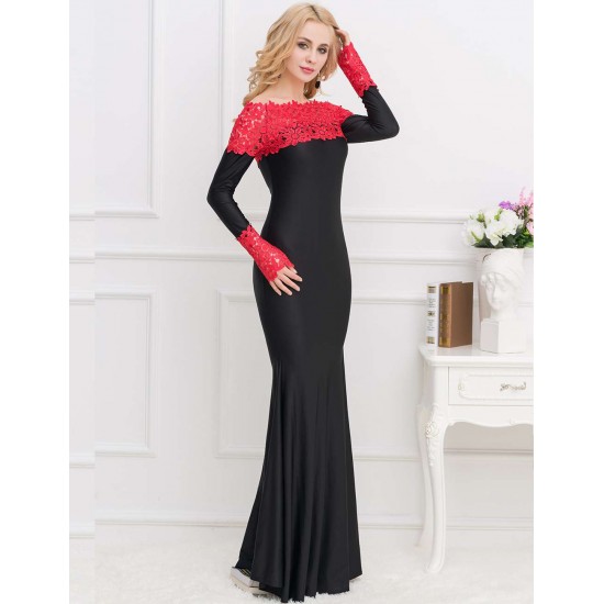 Boat Neck Red Lace Evening Gown