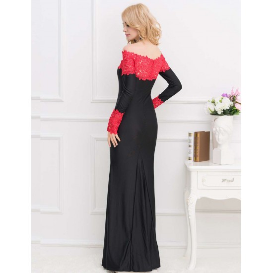 Boat Neck Red Lace Evening Gown