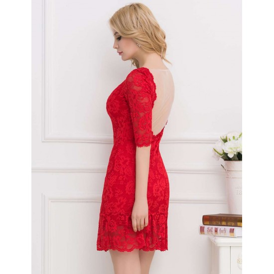 Red Short Sleeve Round Neck Lace Bodycon Dress