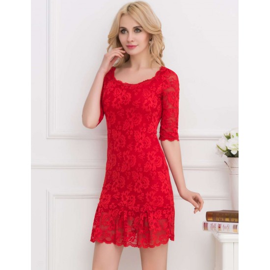 Plus Size Red Short Sleeve Round Neck Lace Bodycon Dress