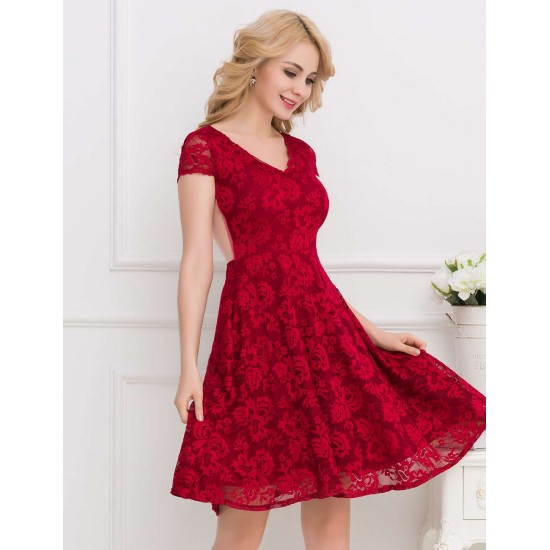 Lace Elegant Round Neck Red Bodycon Dress