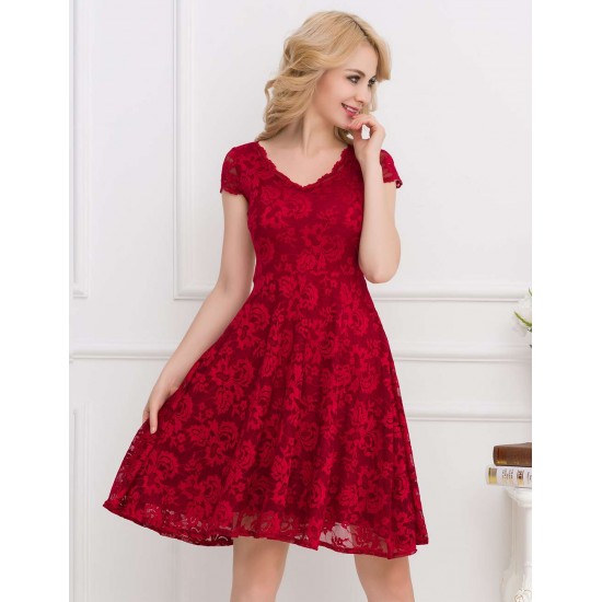 Lace Elegant Round Neck Red Bodycon Dress