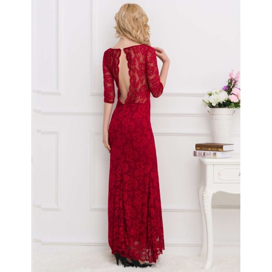 Backless Half Sleeve Red Long Dress