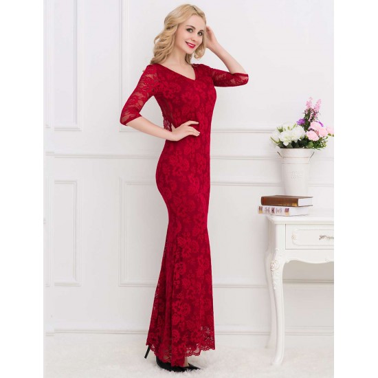 Backless Half Sleeve Red Long Dress