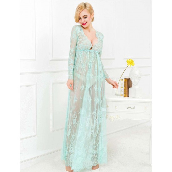 Green and Nude Lace Long Sleeve Maxi Dress