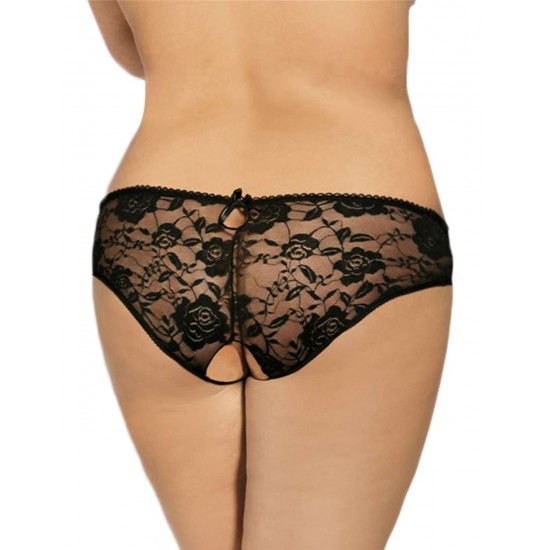 Black Plus Size Open Crotch Strappy Lace Thongs