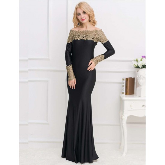 Boat Neck Khaki Lace Evening Gown