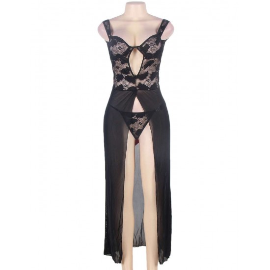 Black Sheer Lace Evening Gown Set Long Dress