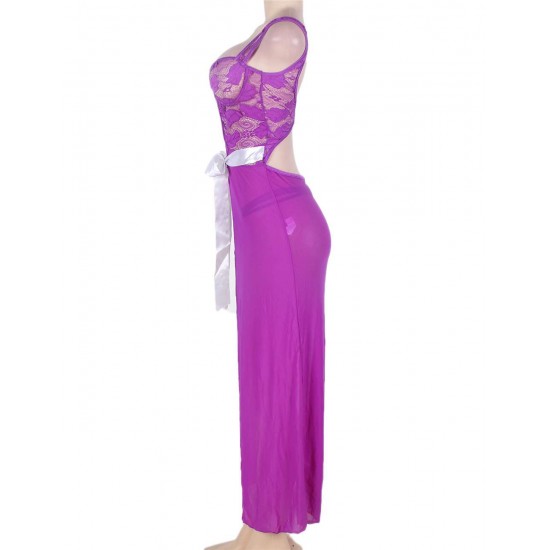 Open Long Purple Lace Dress Sleepwear Gown