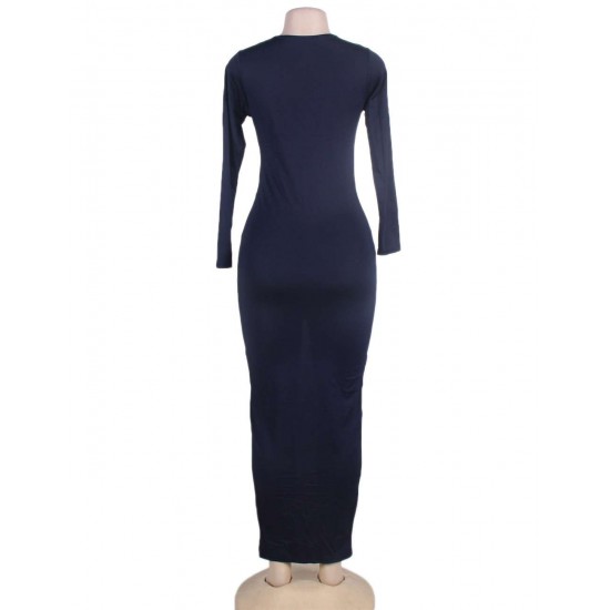 Deep-V Neckline Dark Blue Long Sleeve Maxi Dress