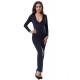 Deep-V Neckline Dark Blue Long Sleeve Maxi Dress