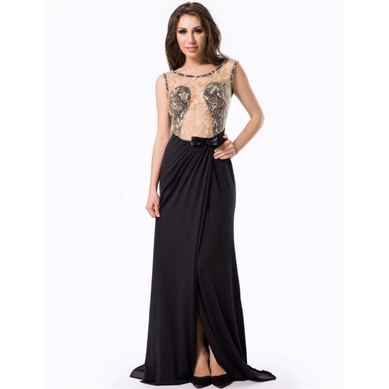 Black Embroidered Mesh Wrap Open Back Long Dress