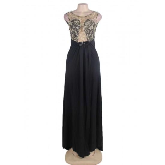 Black Embroidered Mesh Wrap Open Back Long Dress