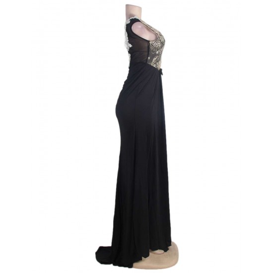 Black Embroidered Mesh Wrap Open Back Long Dress