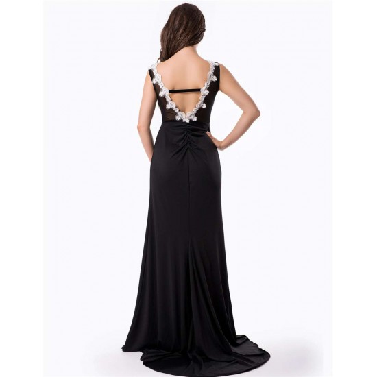 Plus Size Black Embroidered Mesh Wrap Open Back Long Dress