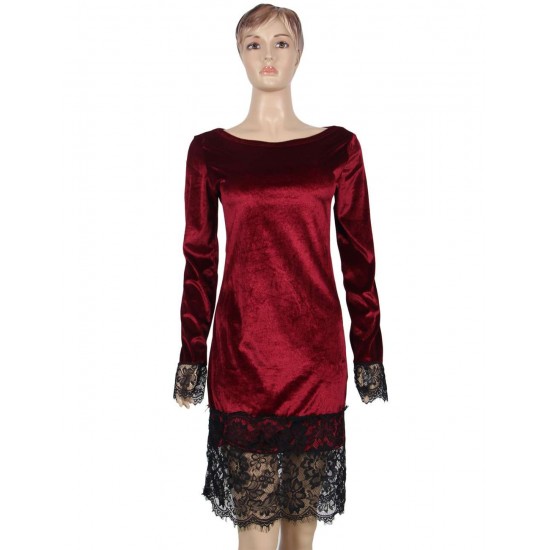 Velvet Lace Hem Sexy Red Details Dress