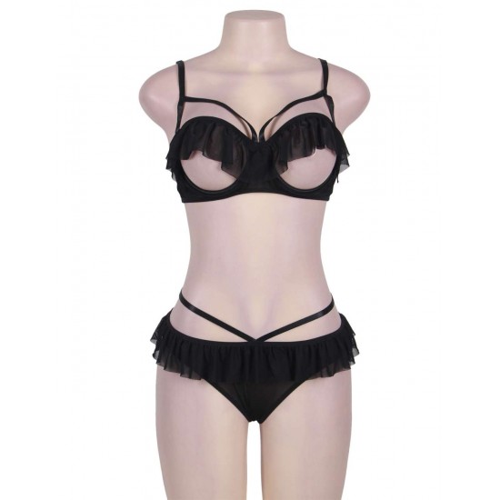 Open Cup Ruffle Black Bra And Panty Set