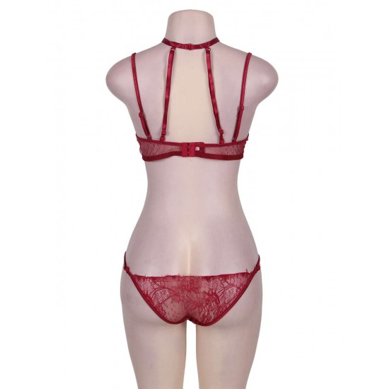 Red Strappy Lace Bra Set With Mask