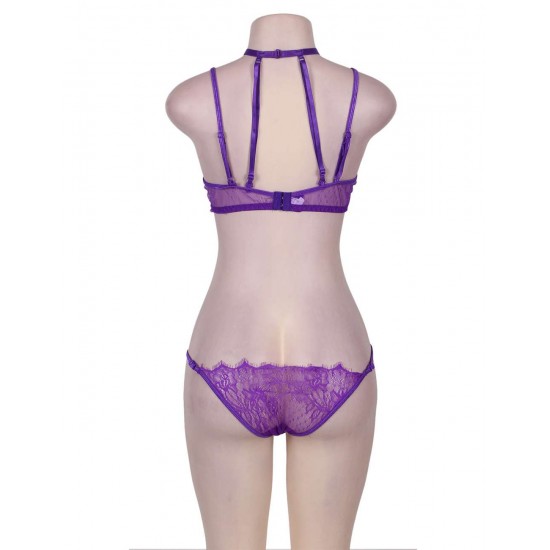 Purple Strappy Lace Bra Set With Mask