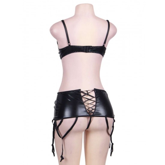 Vinyl Garter And Black Eyelash Lace Bra Set