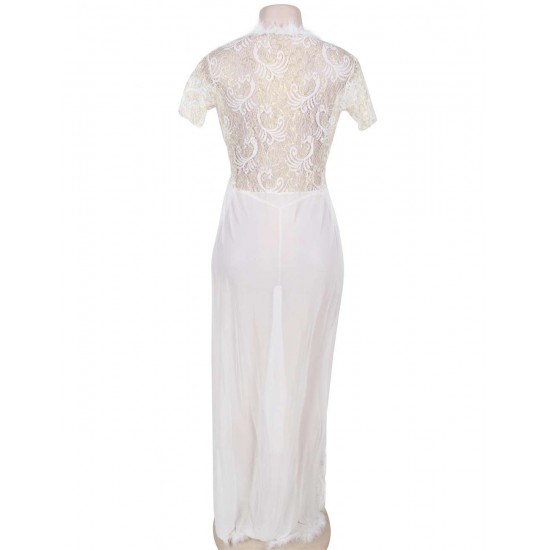 White Sheer Lace Kaftan Robe With Thong