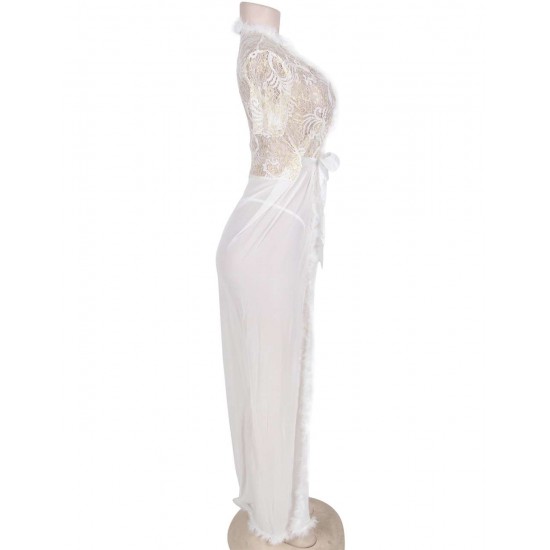 White Sheer Lace Kaftan Robe With Thong