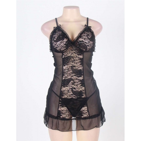 Black Sexy Mesh Scalloped Lace Babydoll