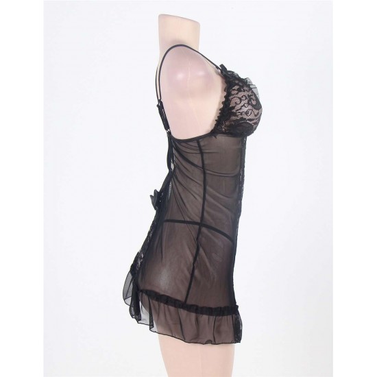 Black Sexy Mesh Scalloped Lace Babydoll