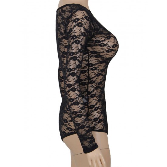 Black Sheer Long Sleeve Lace Teddy