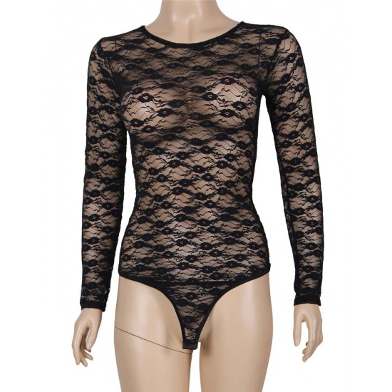 Black Plus Size Sheer Long Sleeve Teddy Lingerie