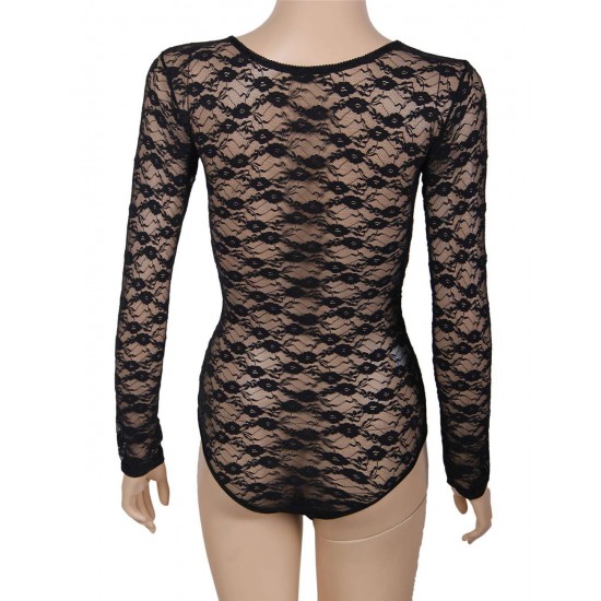 Black Plus Size Sheer Long Sleeve Teddy Lingerie