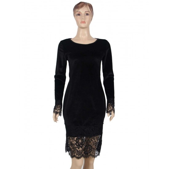 Velvet Round Neck Lace Hem Details Dress