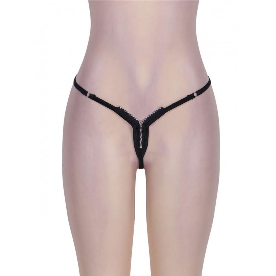 Zip Front Sexy Black Thong Knickers