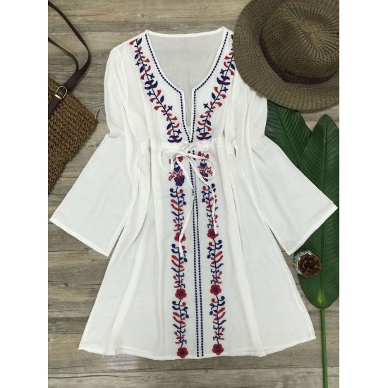 White Embroidered Kimono Long Sleeve Beach Dress