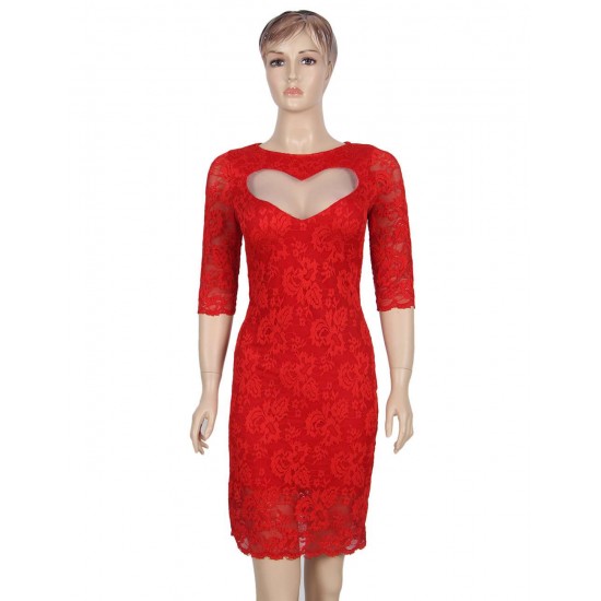 Plus Size Lace Heart Sexy Red Slim Fashion Dress