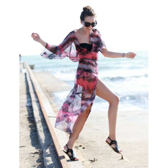 Fashion Slit Front Open Tie-dye Print Chiffon Beach Dress