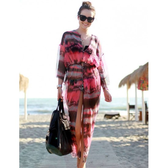 Fashion Slit Front Open Tie-dye Print Chiffon Beach Dress