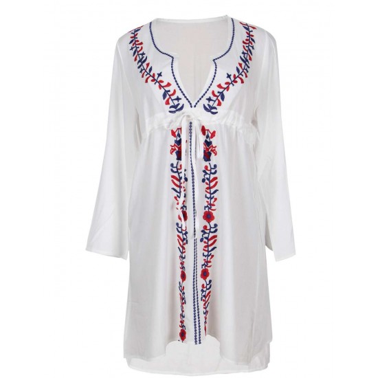 White Embroidered Kimono Long Sleeve Beach Dress